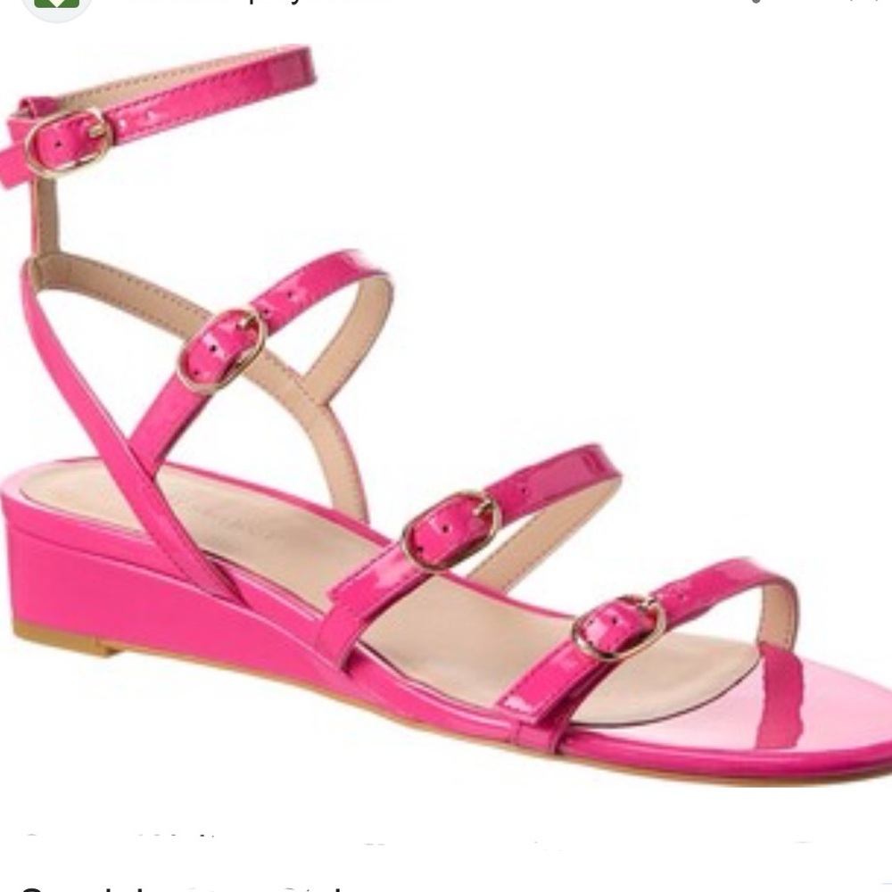 Stuart Weiztman pink patent gladiator style sandal wedge